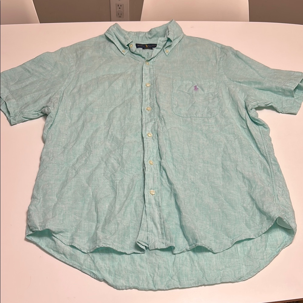 Ralph Lauren blue/Green Classic Fit Linen Button Down Shirt short sleeve szLarge
